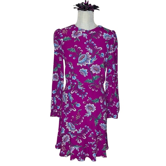 LOFT Purple Floral Long Sleeve Ruffle Hem Dress - size 0 - Picture 2 of 12